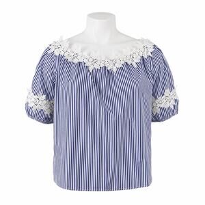 NEW Good Times Blue White Striped Floral Short Puff Sleeve Blouse Top Sz 1X/2X